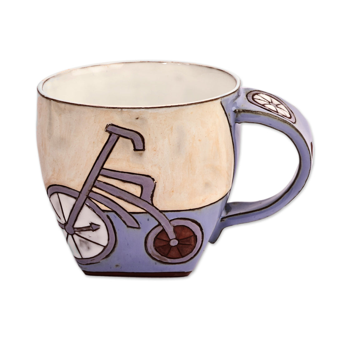 Handcrafted Whimsical Blue and Beige Ceramic Mug - Serene Memories