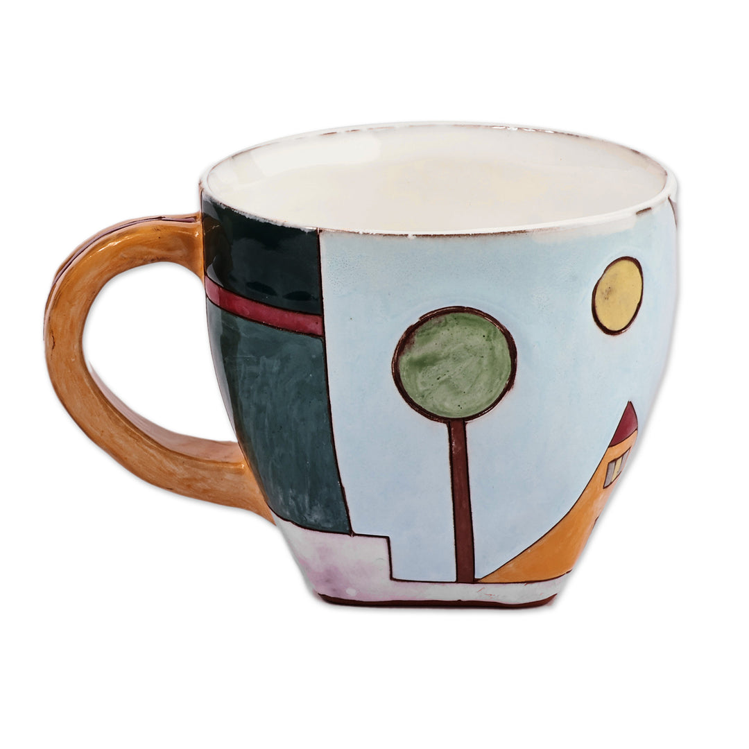 Cityscape-Themed Whimsical Green and Grey Ceramic Mug - Starry Urbanism
