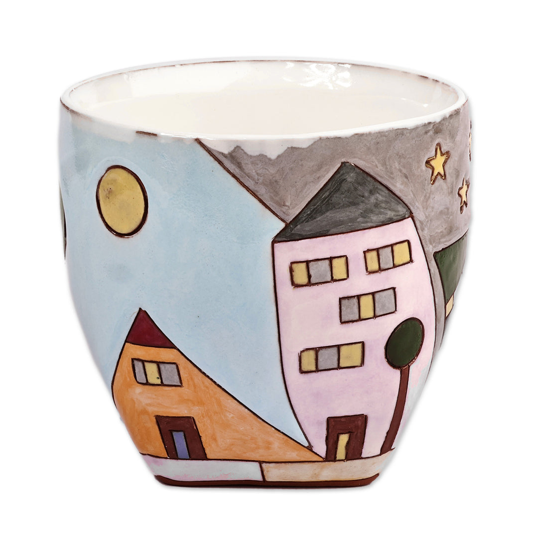 Cityscape-Themed Whimsical Green and Grey Ceramic Mug - Starry Urbanism