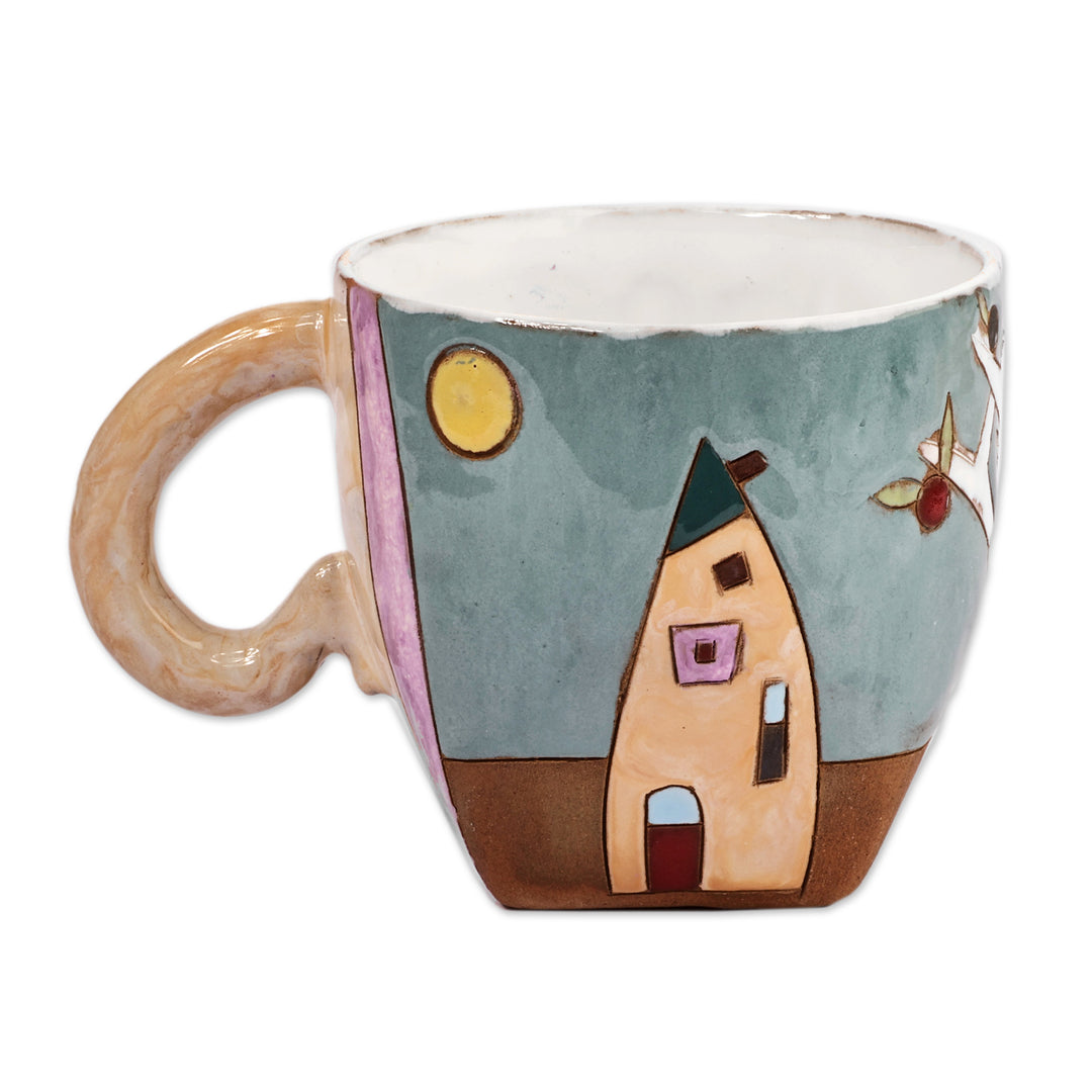 Cityscape-Themed Whimsical Teal and Brown Ceramic Mug - Urban Morning