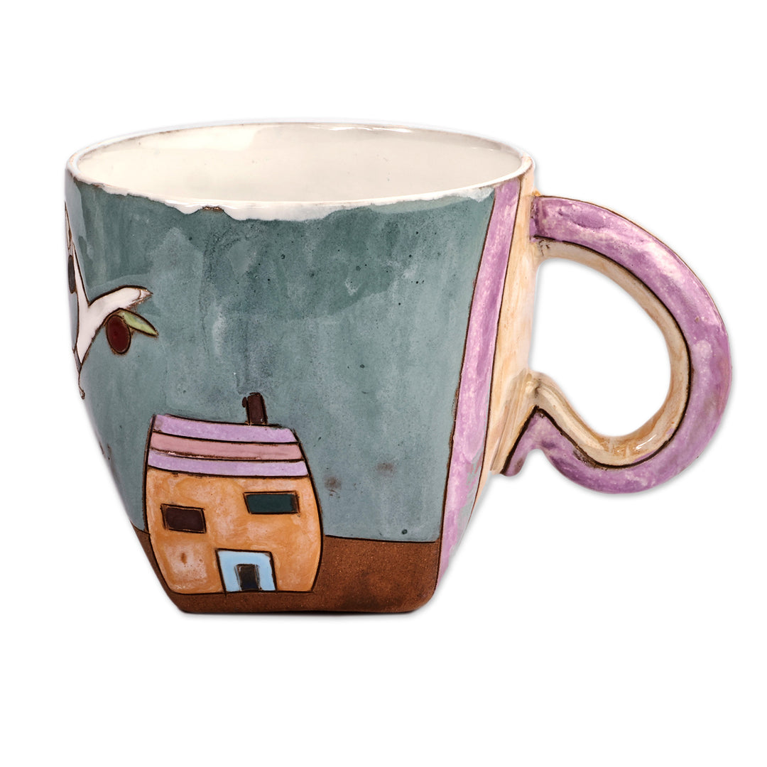 Cityscape-Themed Whimsical Teal and Brown Ceramic Mug - Urban Morning