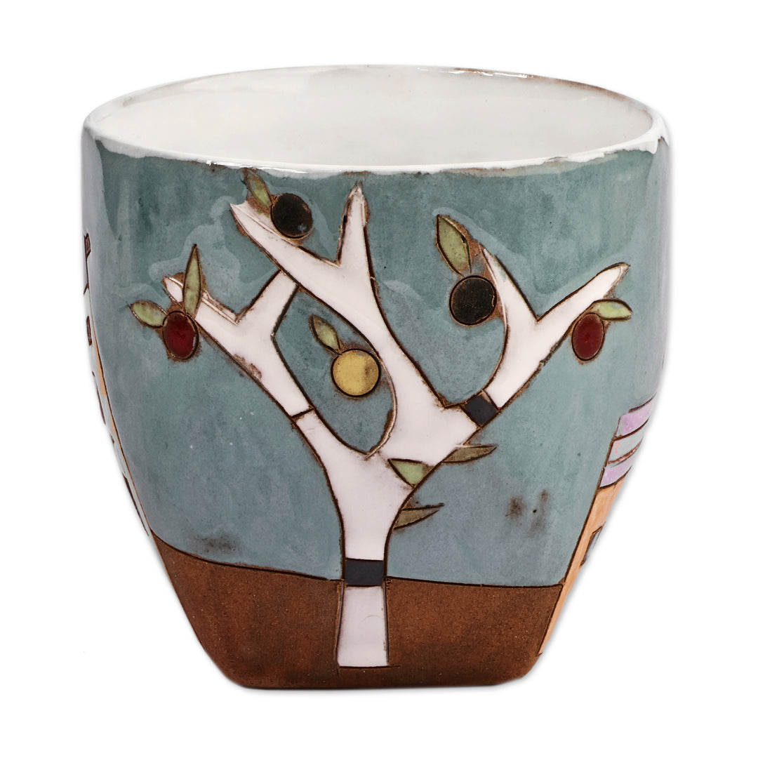 Cityscape-Themed Whimsical Teal and Brown Ceramic Mug - Urban Morning