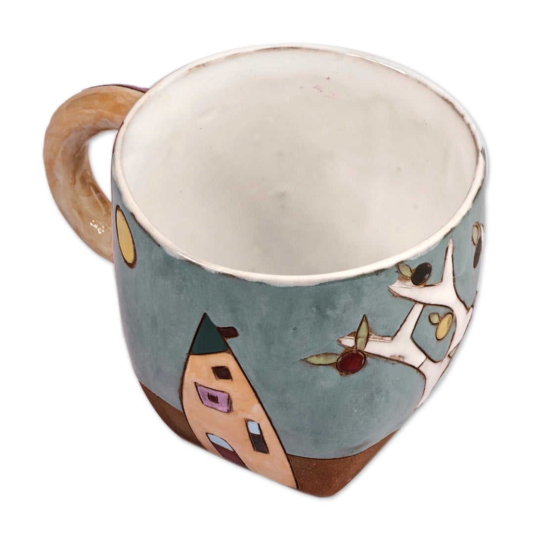 Cityscape-Themed Whimsical Teal and Brown Ceramic Mug - Urban Morning