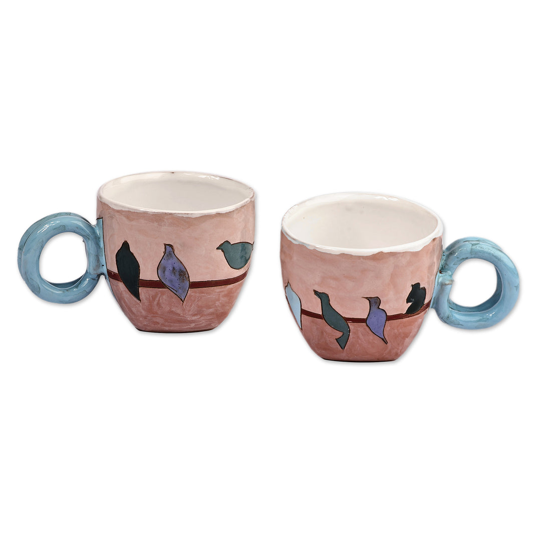 Hand-Painted Bird-Themed Blue and Brown Ceramic Mugs (Pair) - Singing Birds