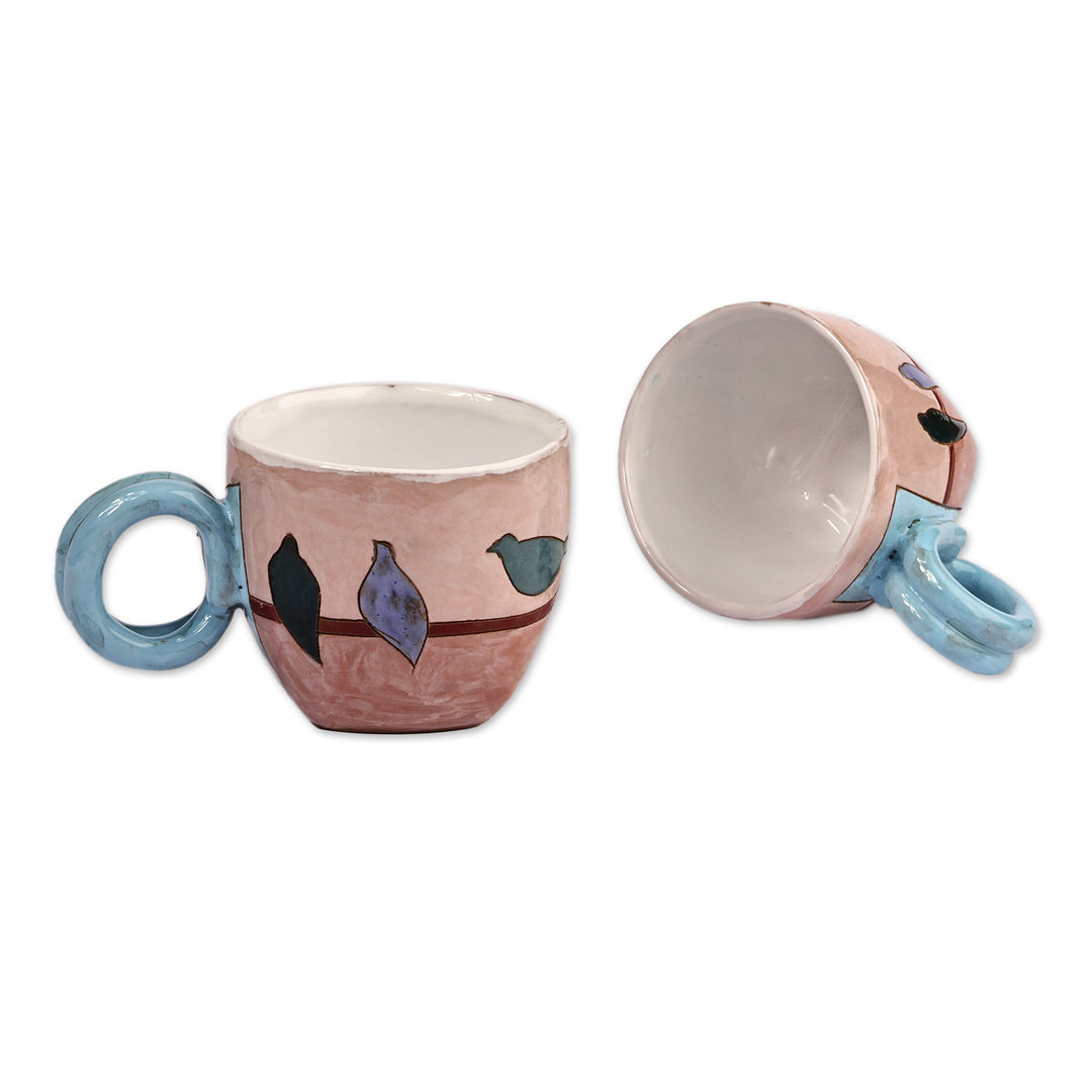 Hand-Painted Bird-Themed Blue and Brown Ceramic Mugs (Pair) - Singing Birds