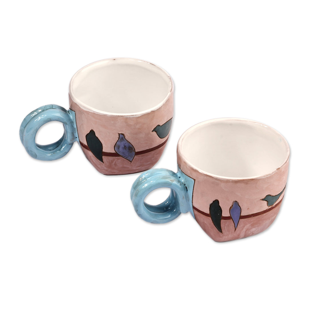 Hand-Painted Bird-Themed Blue and Brown Ceramic Mugs (Pair) - Singing Birds