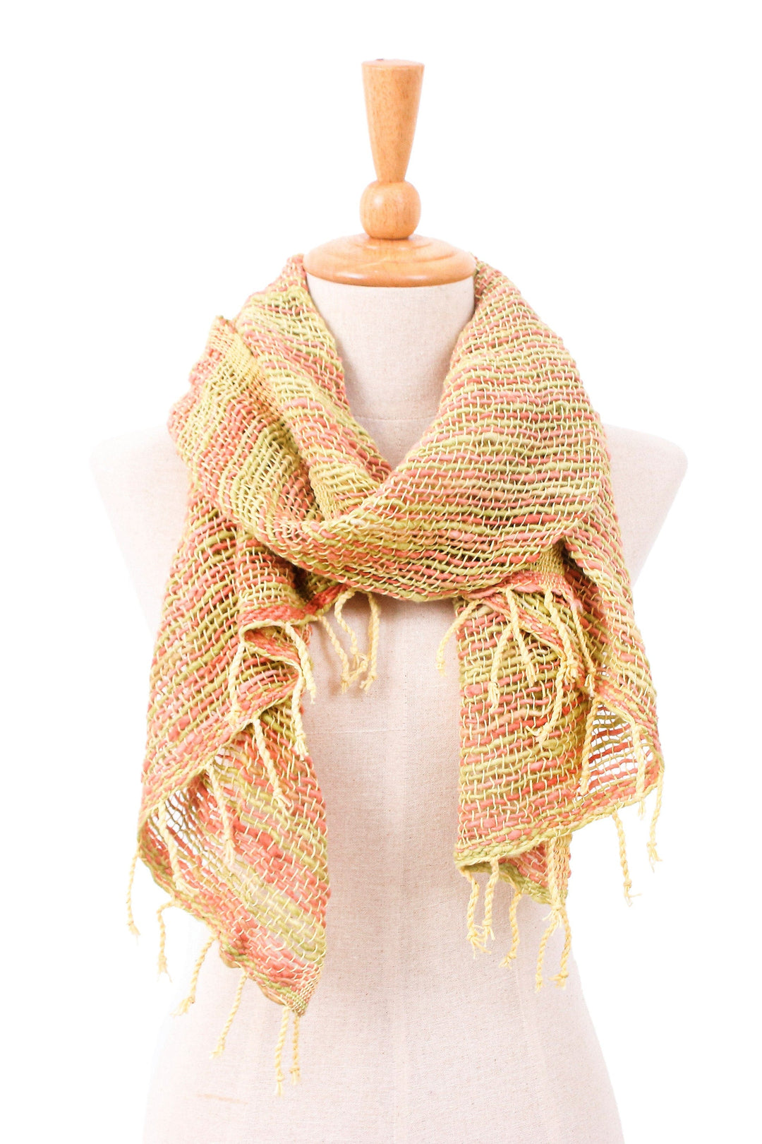 Handmade 100% Cotton Loose Weave Scarf in Green and Orange - Evening Breeze