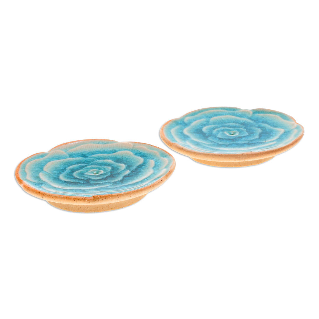Handcrafted Rose-Shaped Blue Ceramic Incense Holders (Pair) - Dear Blue