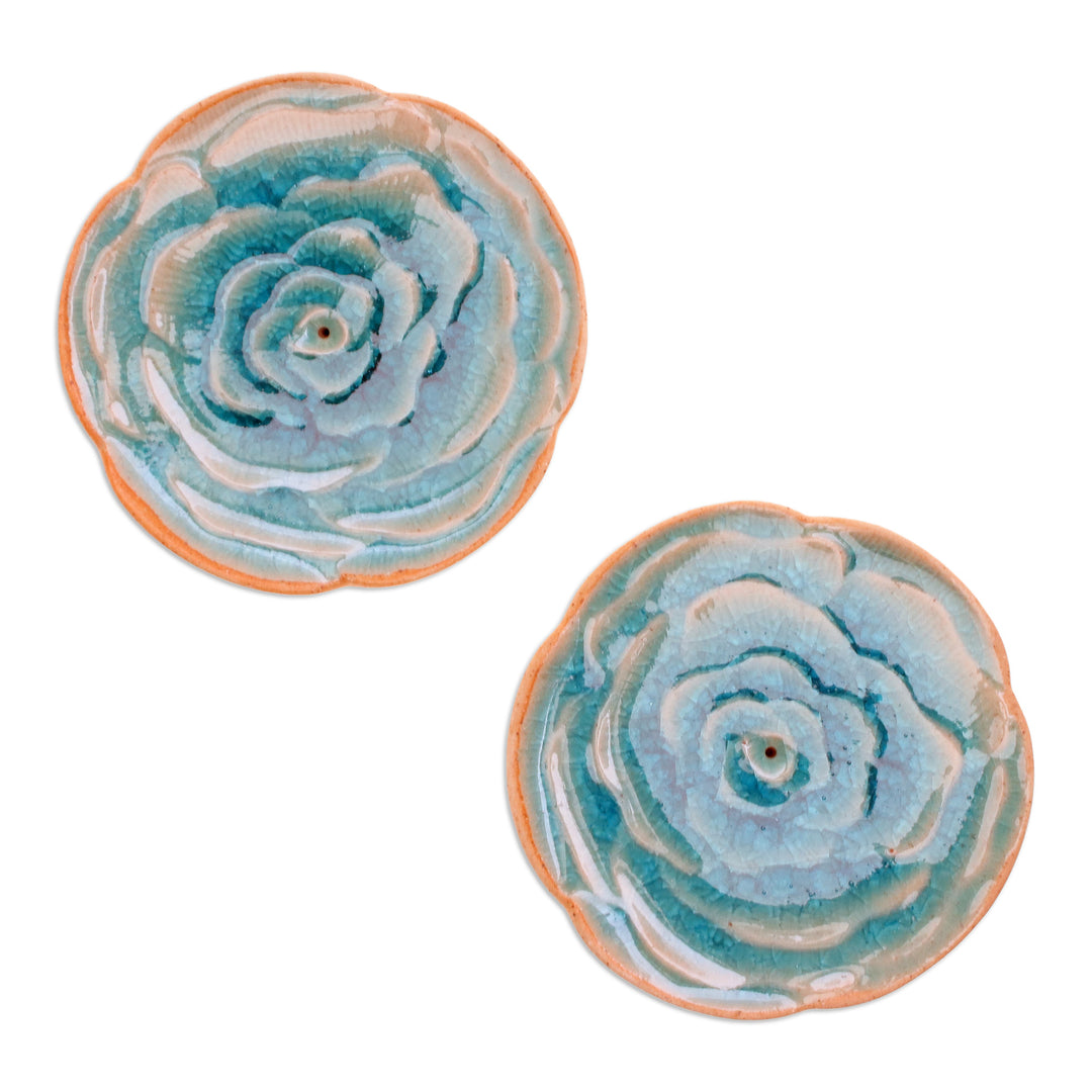 Handcrafted Rose-Shaped Blue Ceramic Incense Holders (Pair) - Dear Blue