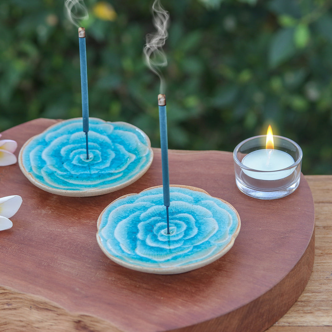 Handcrafted Rose-Shaped Blue Ceramic Incense Holders (Pair) - Dear Blue