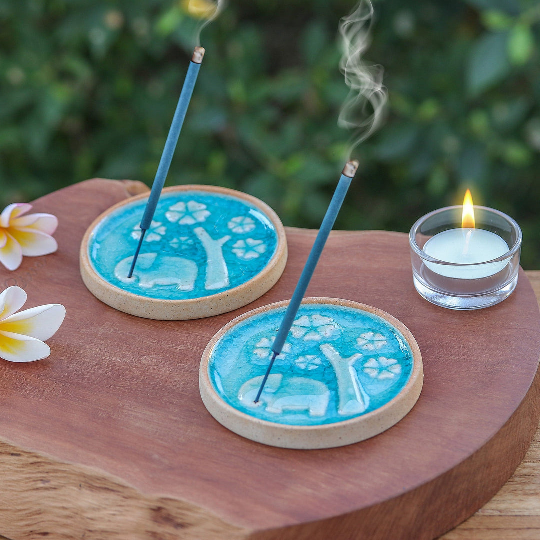 Nature-Themed Blue and Ivory Ceramic Incense Holders (Pair) - Blue in the Wild