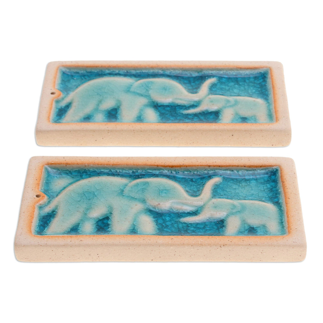 Handmade Elephant-Themed Blue Ceramic Incense Holders (Pair) - Lucky Bond
