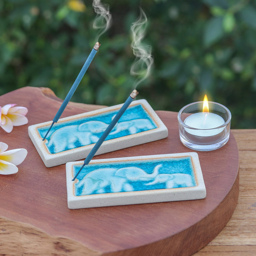 Handmade Elephant-Themed Blue Ceramic Incense Holders (Pair) - Lucky Bond
