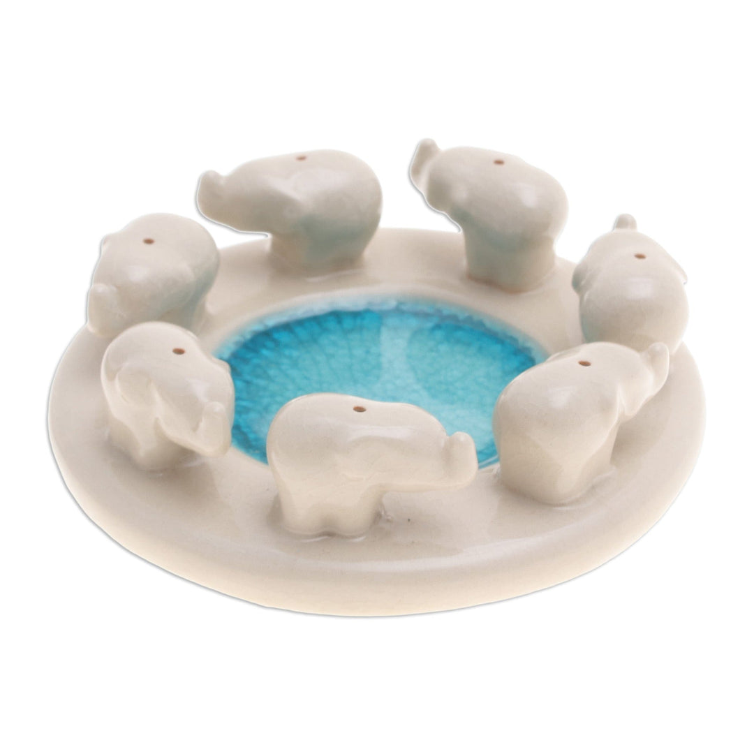 Elephant-Themed Ivory and Blue Ceramic Incense Holder - Elephant Family
