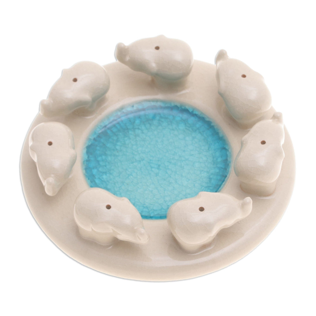 Elephant-Themed Ivory and Blue Ceramic Incense Holder - Elephant Family