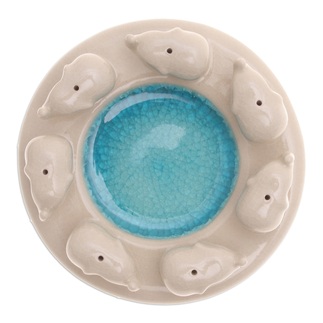 Elephant-Themed Ivory and Blue Ceramic Incense Holder - Elephant Family