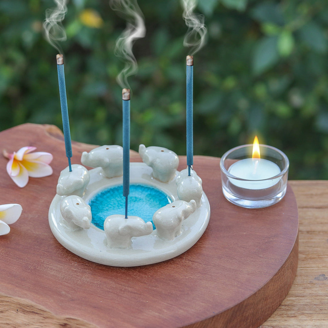 Elephant-Themed Ivory and Blue Ceramic Incense Holder - Elephant Family