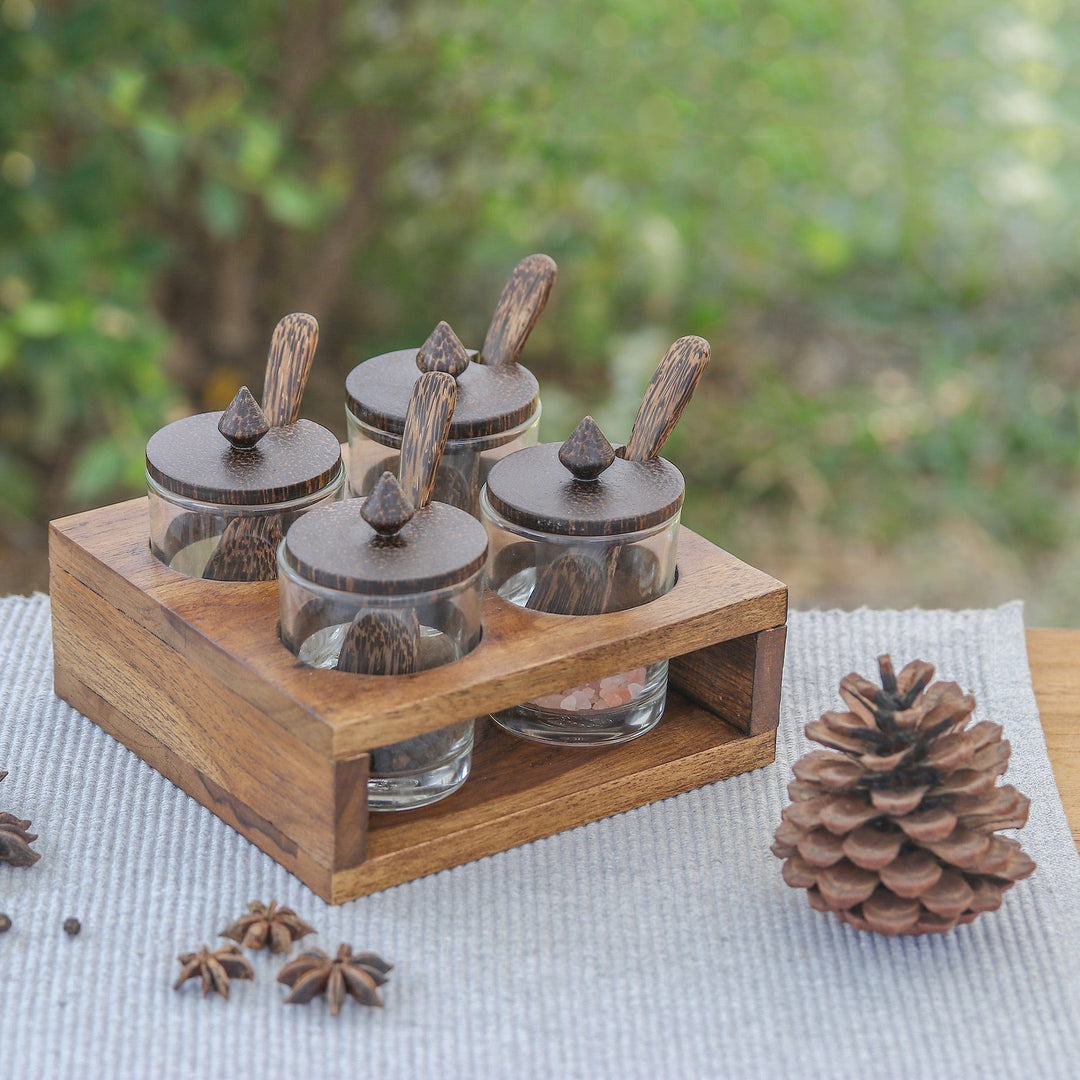 Square Wood and Glass Condiment Set (13 Pieces) - Touch of Spice
