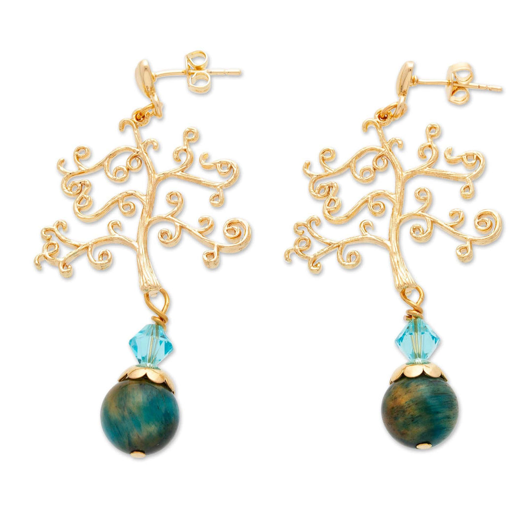 14k Gold-Plated Tree-Themed Tiger's Eye Dangle Earrings - Harmonious Tree