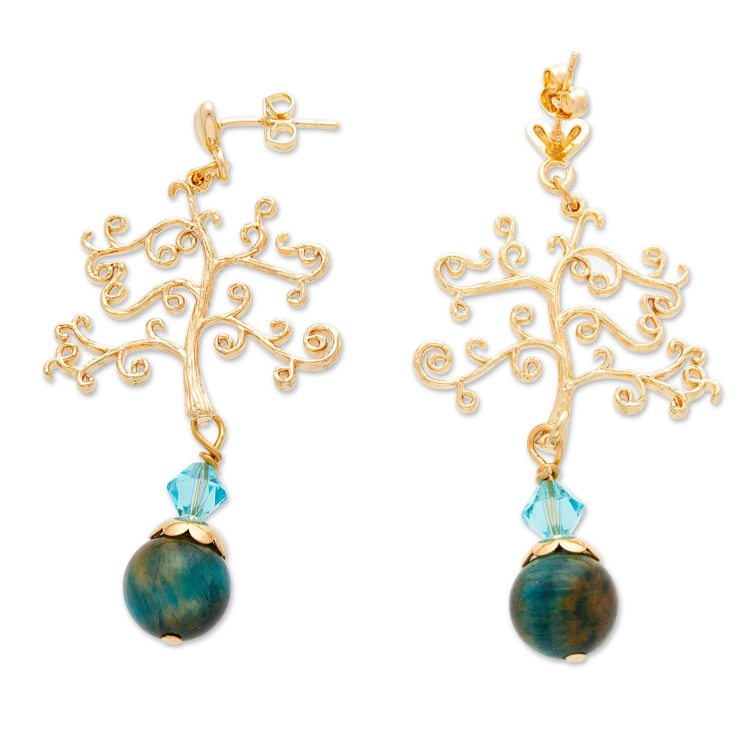 14k Gold-Plated Tree-Themed Tiger's Eye Dangle Earrings - Harmonious Tree