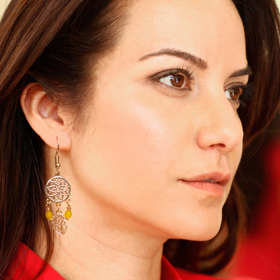 Gold-Plated Dream Catcher-Themed Agate Chandelier Earrings - Glorious Dreams
