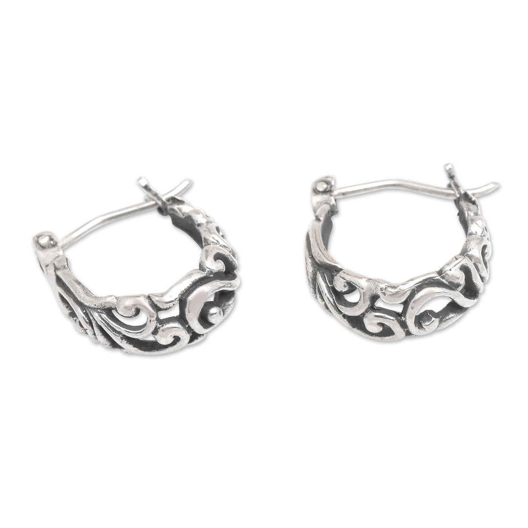 Polished and Oxidized Windy Sterling Silver Hoop Earrings - Blowing Winds