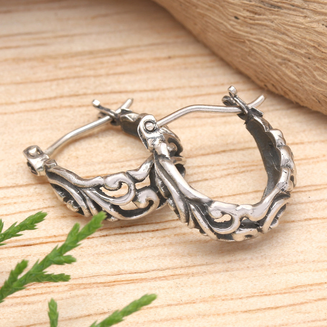 Polished and Oxidized Windy Sterling Silver Hoop Earrings - Blowing Winds