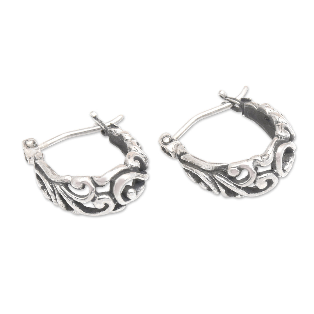 Polished and Oxidized Windy Sterling Silver Hoop Earrings - Blowing Winds