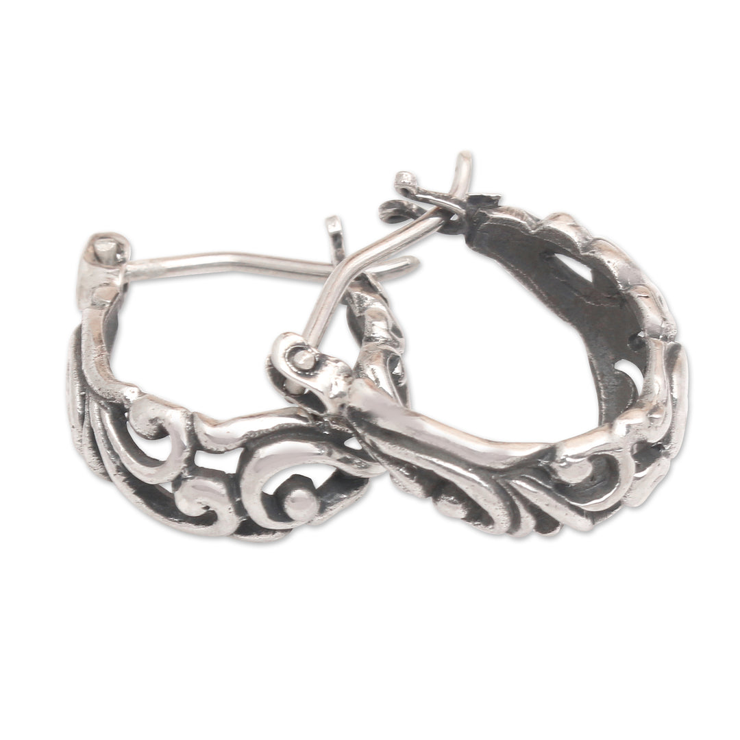 Polished and Oxidized Windy Sterling Silver Hoop Earrings - Blowing Winds