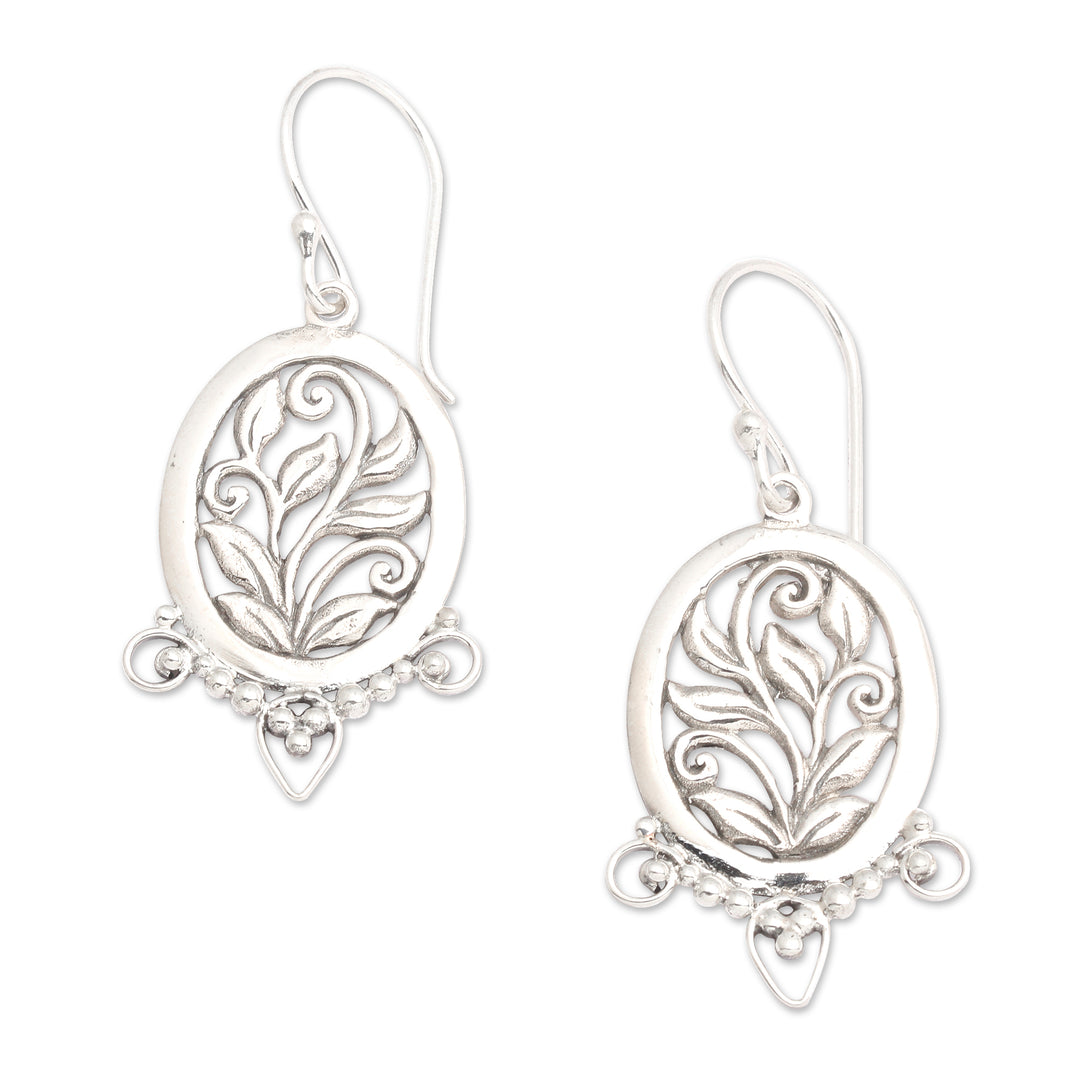 High-Polished Oval Leafy Sterling Silver Dangle Earrings - Eden Blooms
