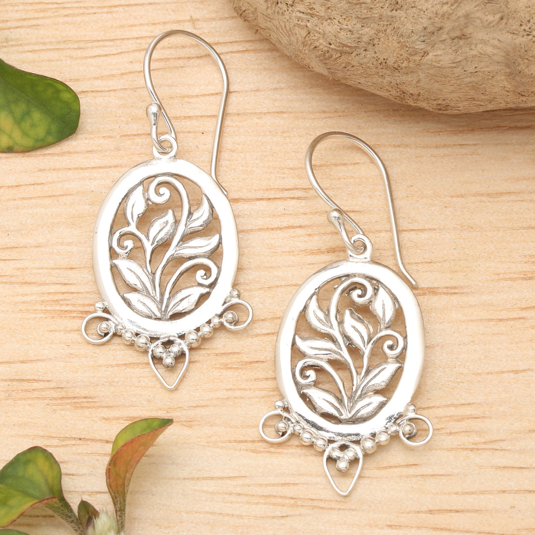 High-Polished Oval Leafy Sterling Silver Dangle Earrings - Eden Blooms