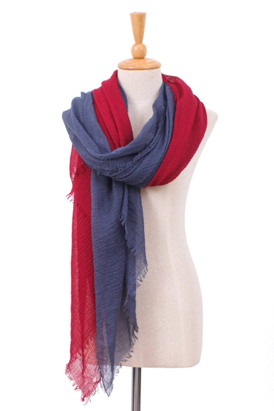 Pair of Handwoven Lightweight Cotton Scarves in Blue and Red - Splendid Beauty