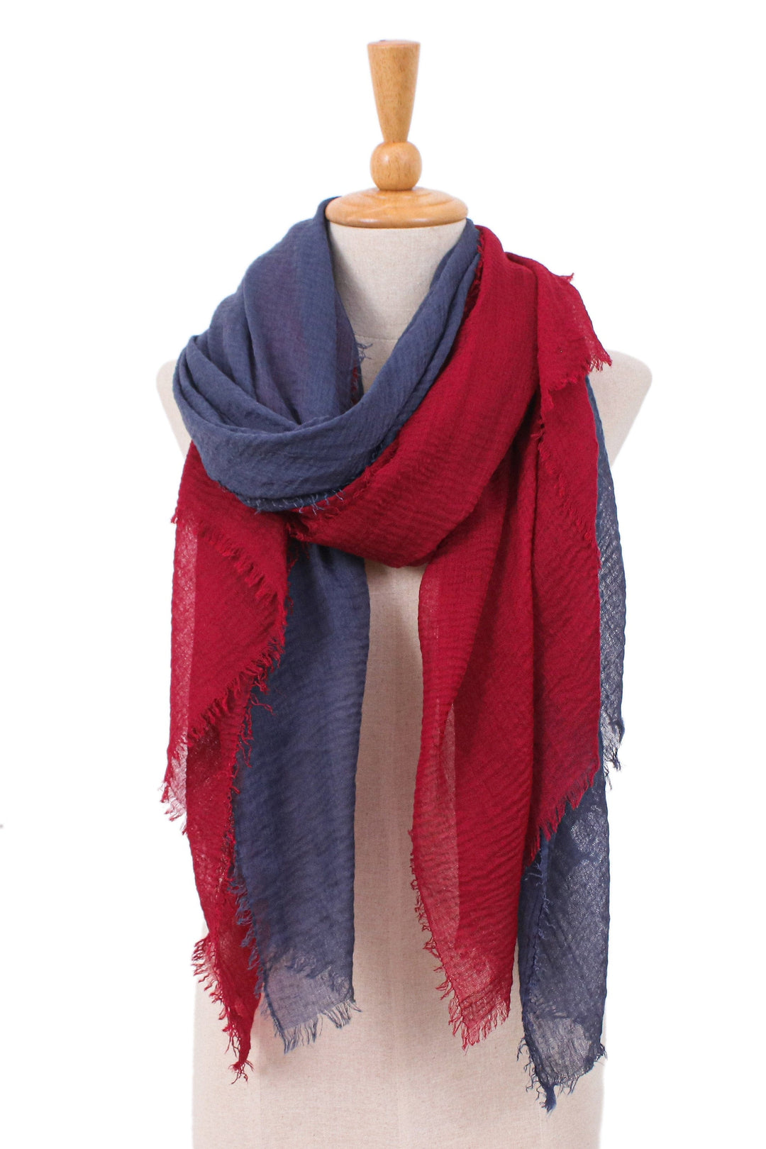 Pair of Handwoven Lightweight Cotton Scarves in Blue and Red - Splendid Beauty