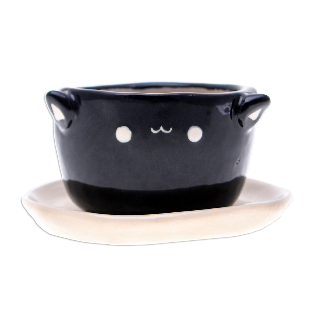 Handcrafted Black Ceramic Cat Mini Flower Pot with Saucer - Kitty Glam