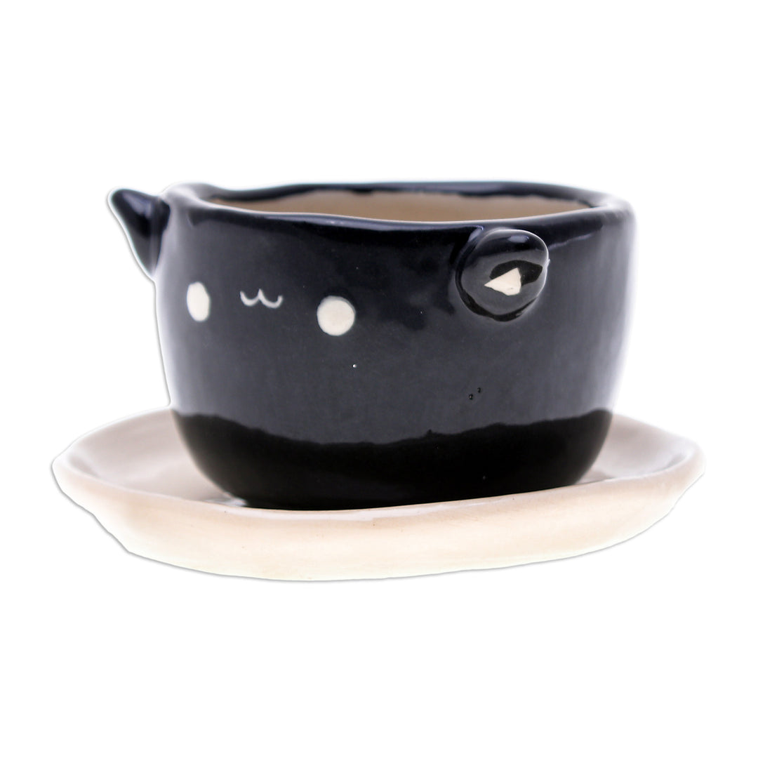 Handcrafted Black Ceramic Cat Mini Flower Pot with Saucer - Kitty Glam