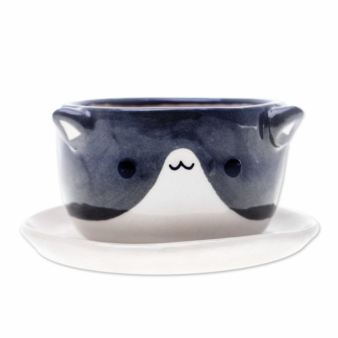 Cat-Themed Ivory Grey Ceramic Mini Flower Pot with Saucer - Kitty Charisma