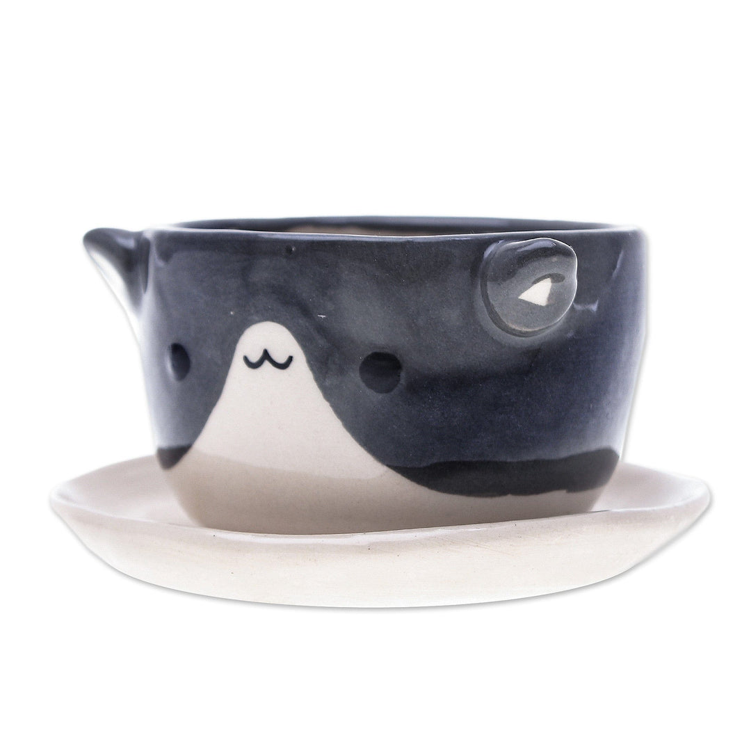 Cat-Themed Ivory Grey Ceramic Mini Flower Pot with Saucer - Kitty Charisma