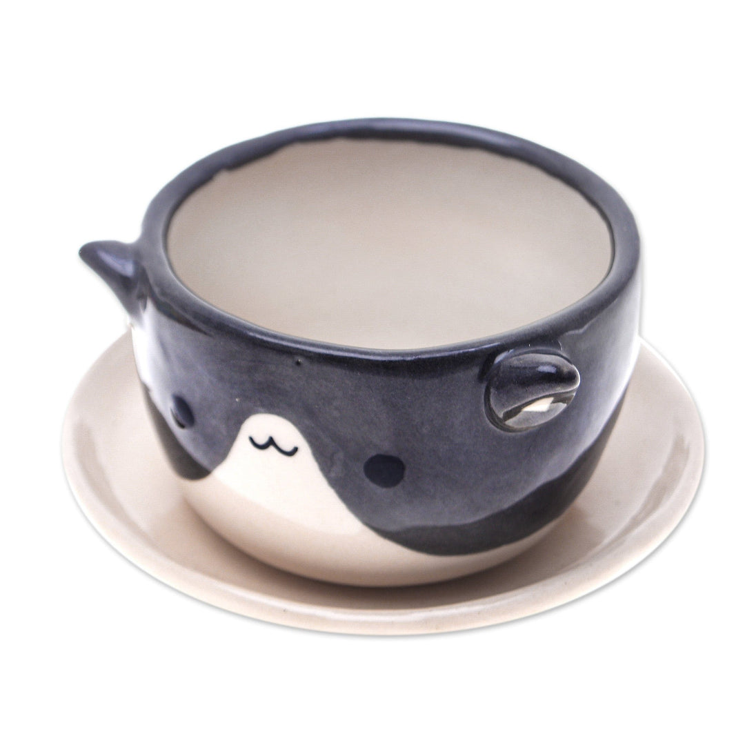 Cat-Themed Ivory Grey Ceramic Mini Flower Pot with Saucer - Kitty Charisma
