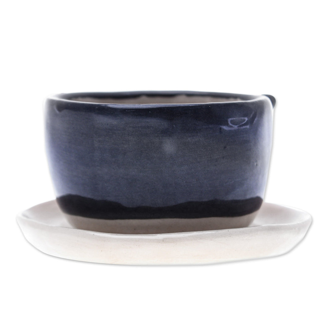 Cat-Themed Ivory Grey Ceramic Mini Flower Pot with Saucer - Kitty Charisma