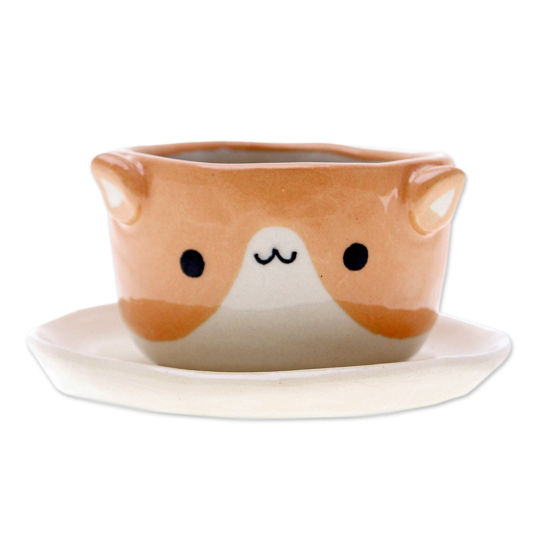 Cat-Themed Ivory Orange Ceramic Mini Flower Pot with Saucer - Kitty Joy