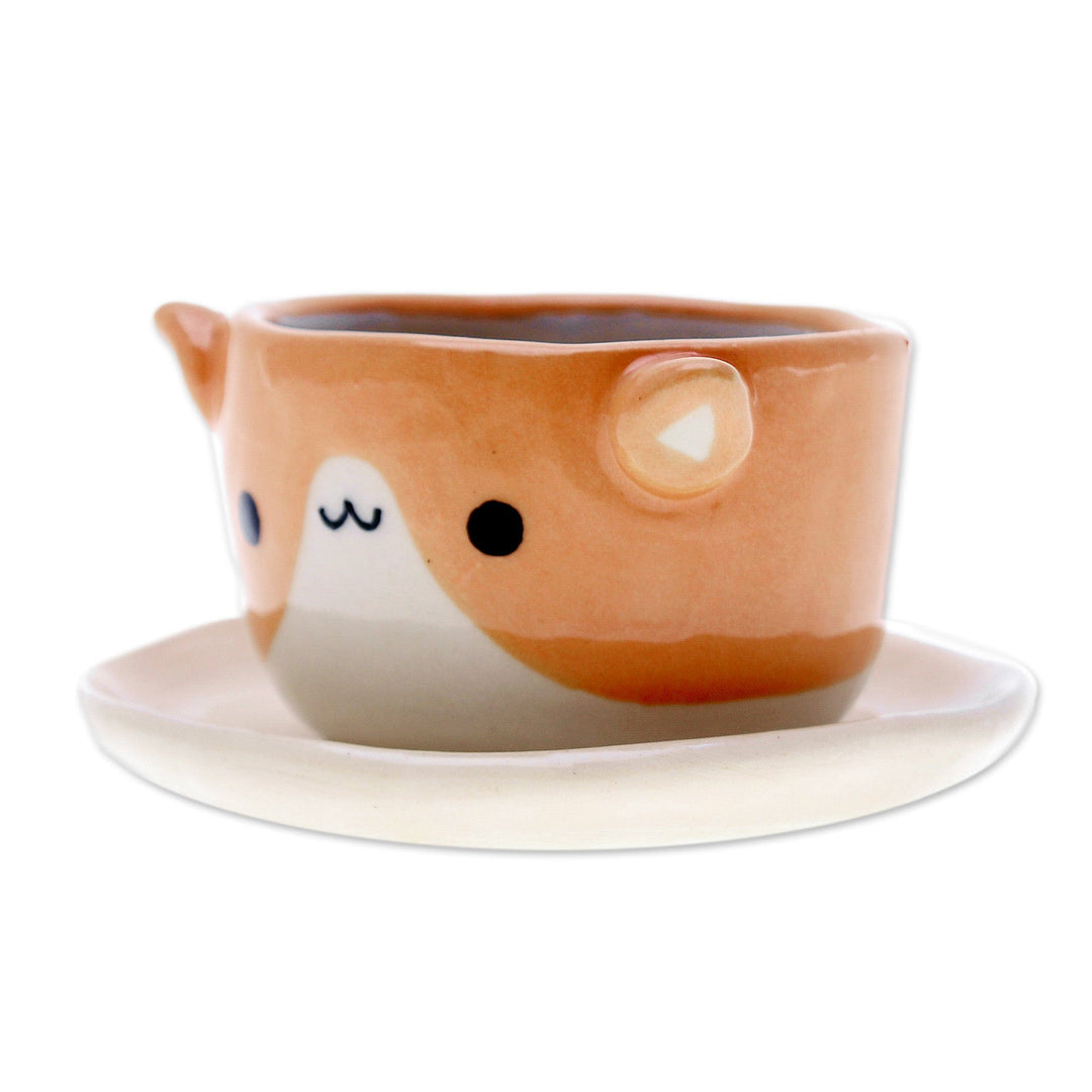 Cat-Themed Ivory Orange Ceramic Mini Flower Pot with Saucer - Kitty Joy