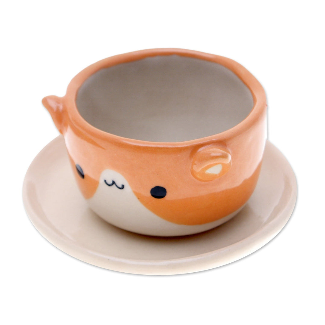Cat-Themed Ivory Orange Ceramic Mini Flower Pot with Saucer - Kitty Joy