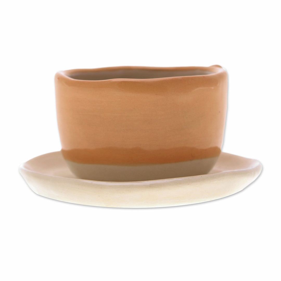 Cat-Themed Ivory Orange Ceramic Mini Flower Pot with Saucer - Kitty Joy