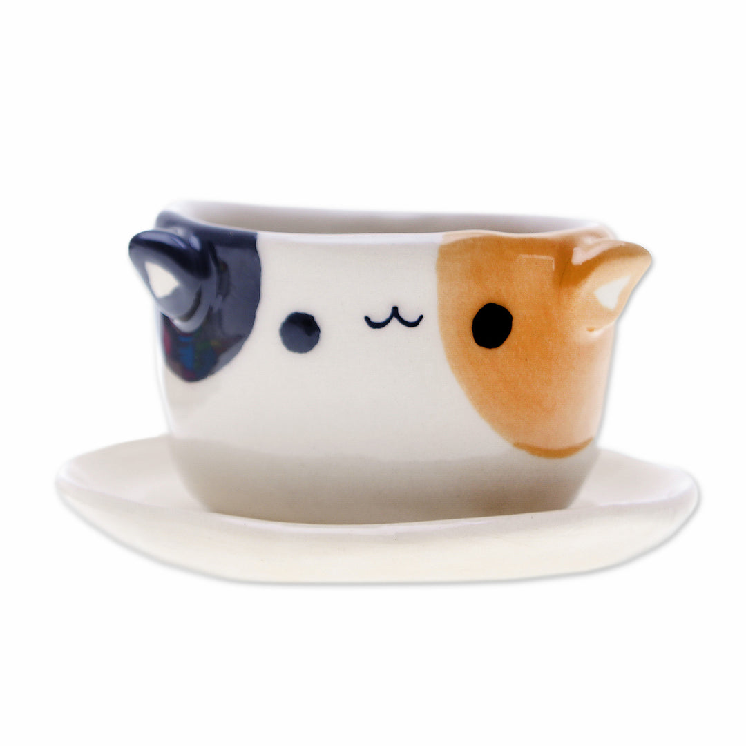 Handcrafted Cat-Themed Ceramic Mini Flower Pot with Saucer - Kitty Enchantment