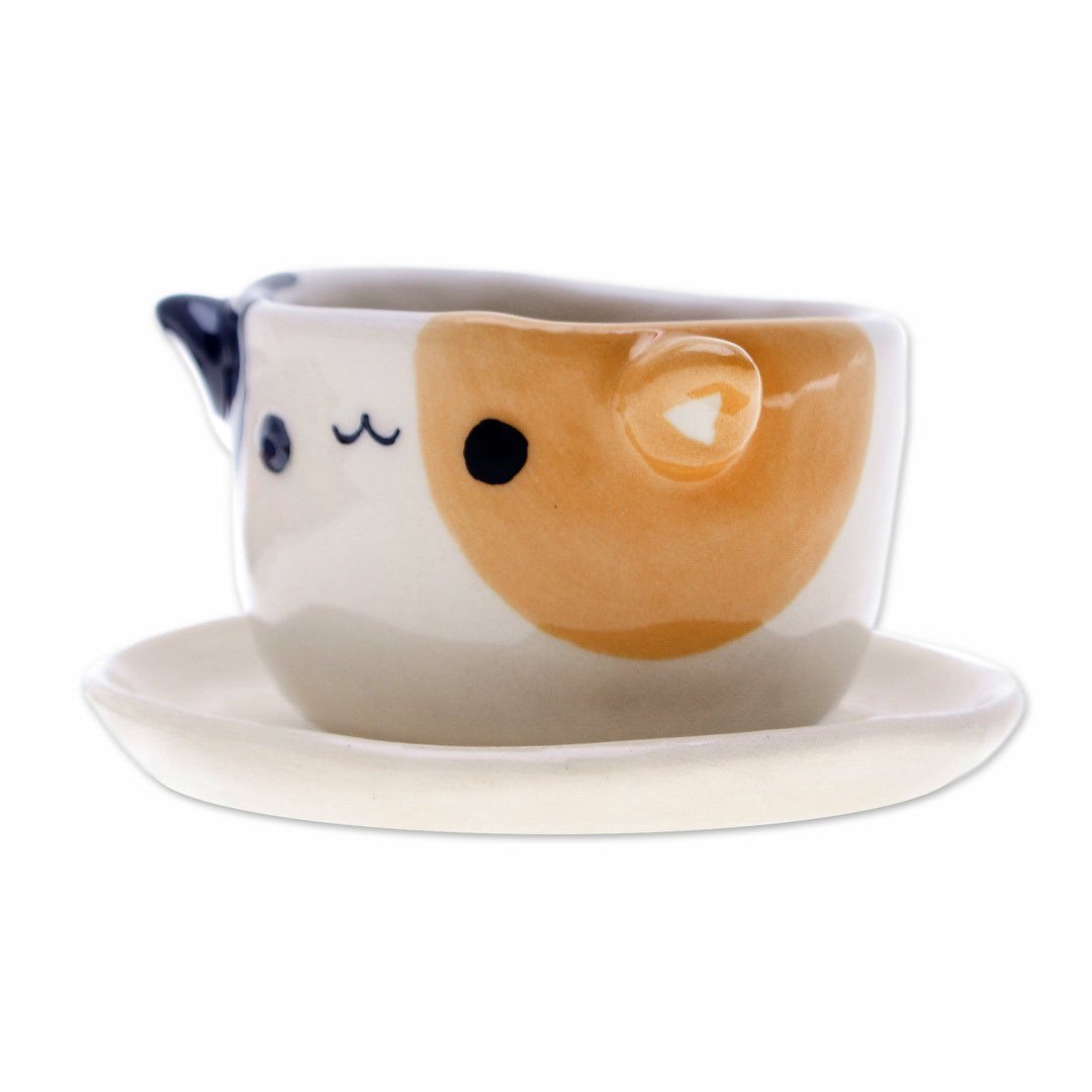 Handcrafted Cat-Themed Ceramic Mini Flower Pot with Saucer - Kitty Enchantment