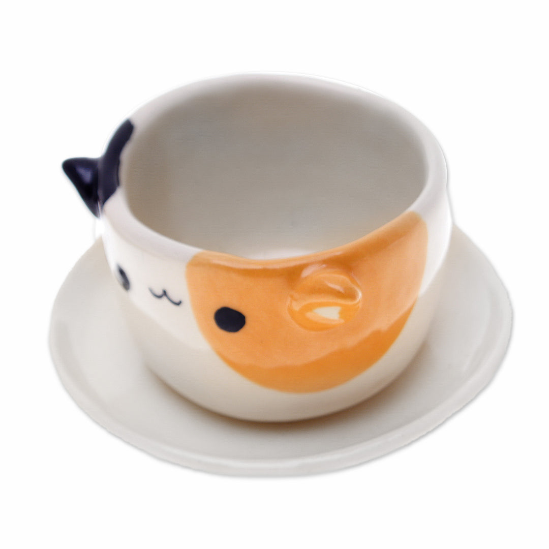Handcrafted Cat-Themed Ceramic Mini Flower Pot with Saucer - Kitty Enchantment