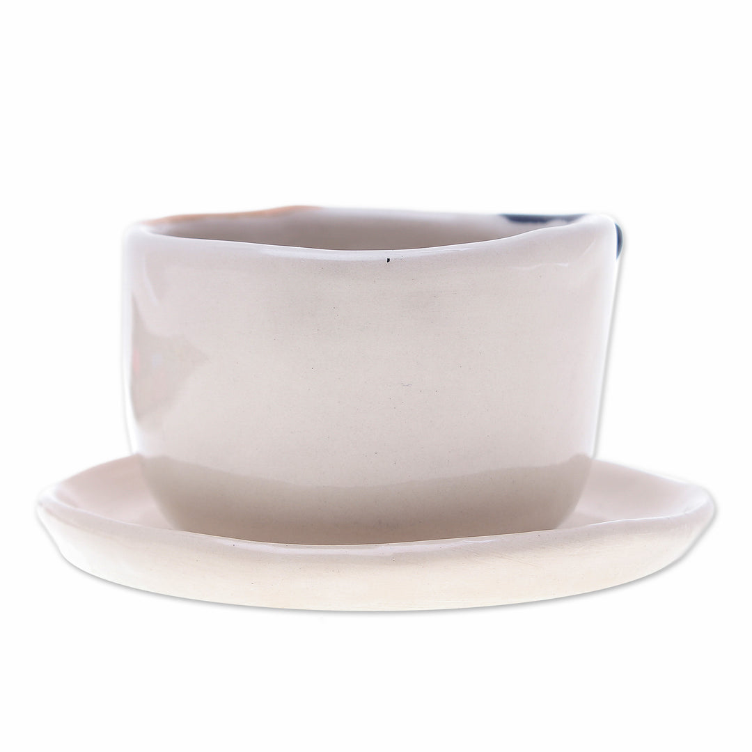 Handcrafted Cat-Themed Ceramic Mini Flower Pot with Saucer - Kitty Enchantment