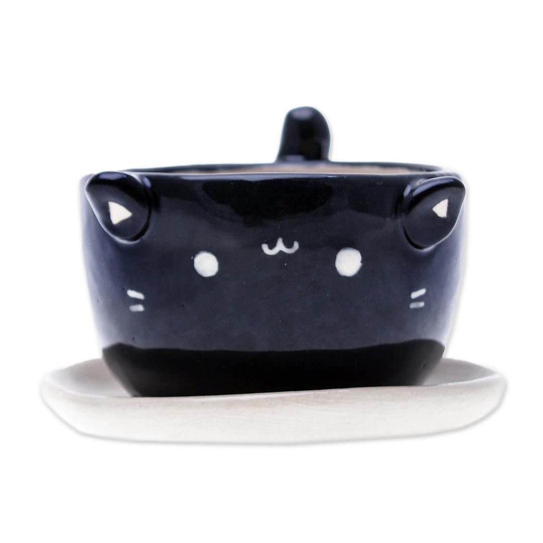 Cat-Themed Black Ceramic Mini Flower Pot with Ivory Saucer - Kitty Splendor