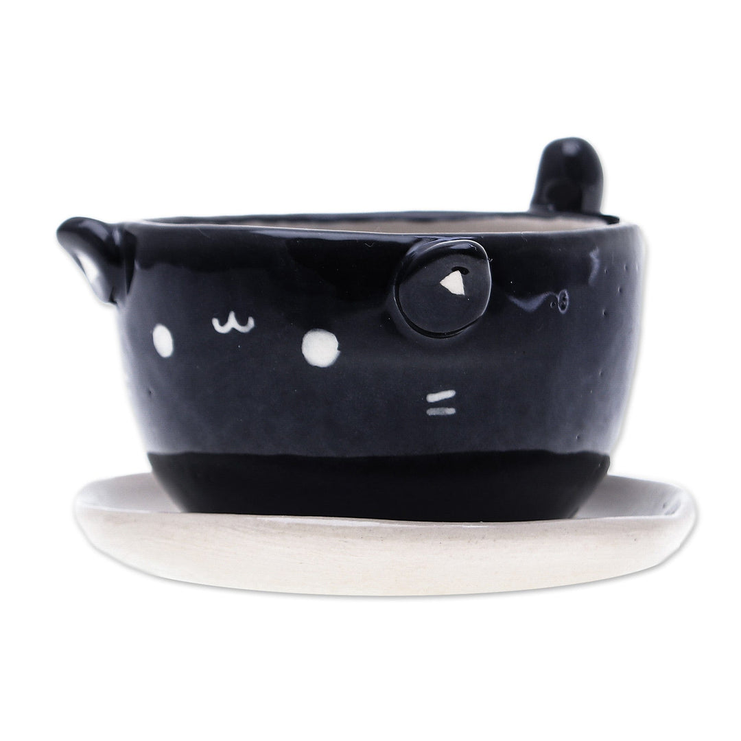 Cat-Themed Black Ceramic Mini Flower Pot with Ivory Saucer - Kitty Splendor