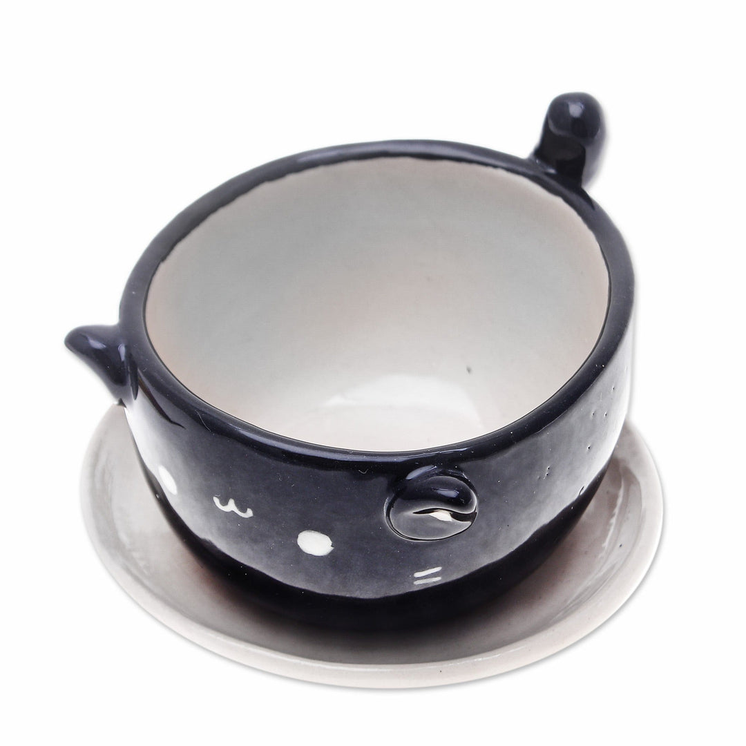 Cat-Themed Black Ceramic Mini Flower Pot with Ivory Saucer - Kitty Splendor
